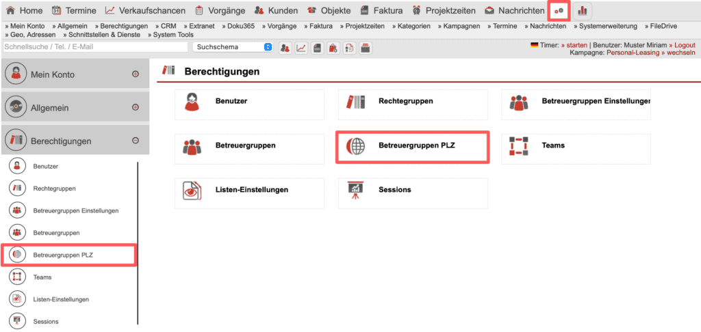 Screenshot Übersicht Einstellungsbereich „Berechtigungen“ mit dem markierten Punkt „Betreuergruppen PLZ“