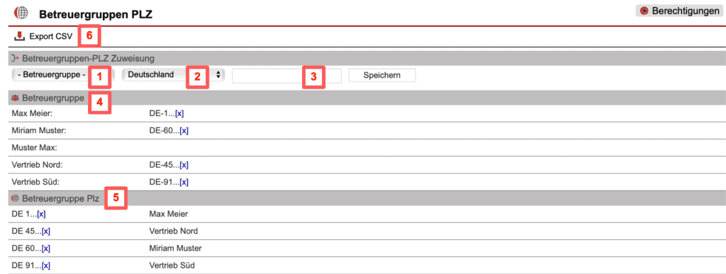 Screenshot Übersicht Einstellungsbereich „Betreuergruppen PLZ“