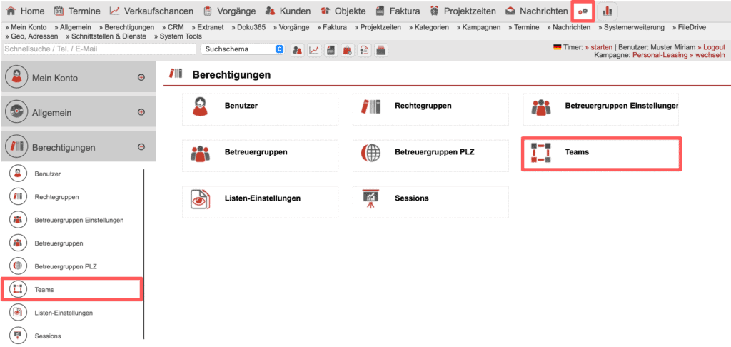 Screenshot Einstellungsbereich mit dem markierten Punkt „Teams“