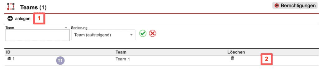 Screenshot Übersichtsmaske „Teams“