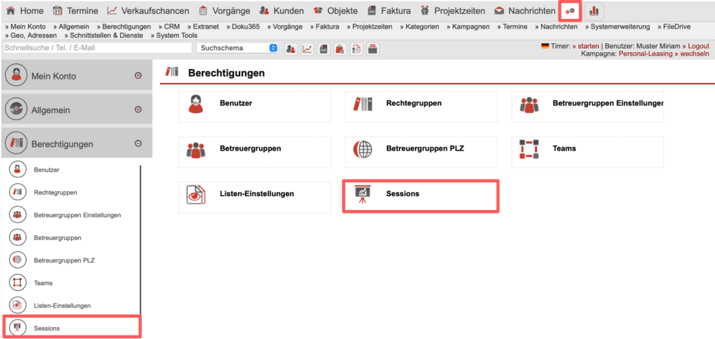 Screenshot Einstellungsbereich „Berechtigungen“ mit dem markierten Unterpunkt „Sessions“