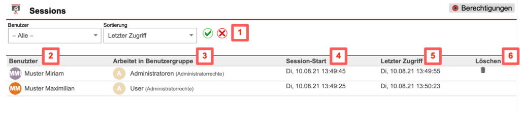 Screenshot Übersicht Sessions