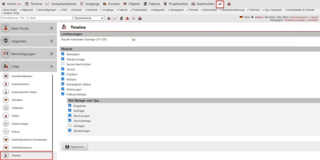 Screenshot Übersicht Einstellungen „CRM“
