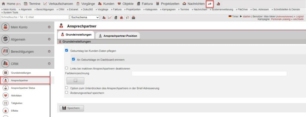 Screenshot Übersicht Einstellungsbereich „CRM“ mit markiertem Punkt „Ansprechpartner“