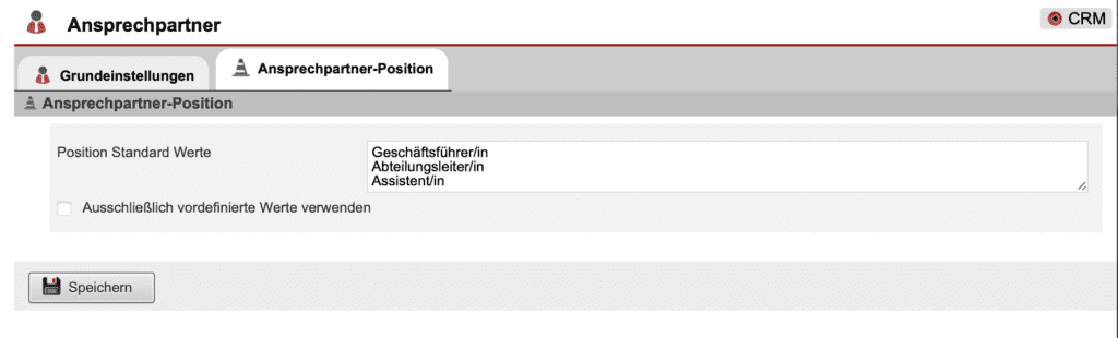 Screenshot Übersichtsmaske des Einstellungsreiters „Ansprechpartner-Positionen“