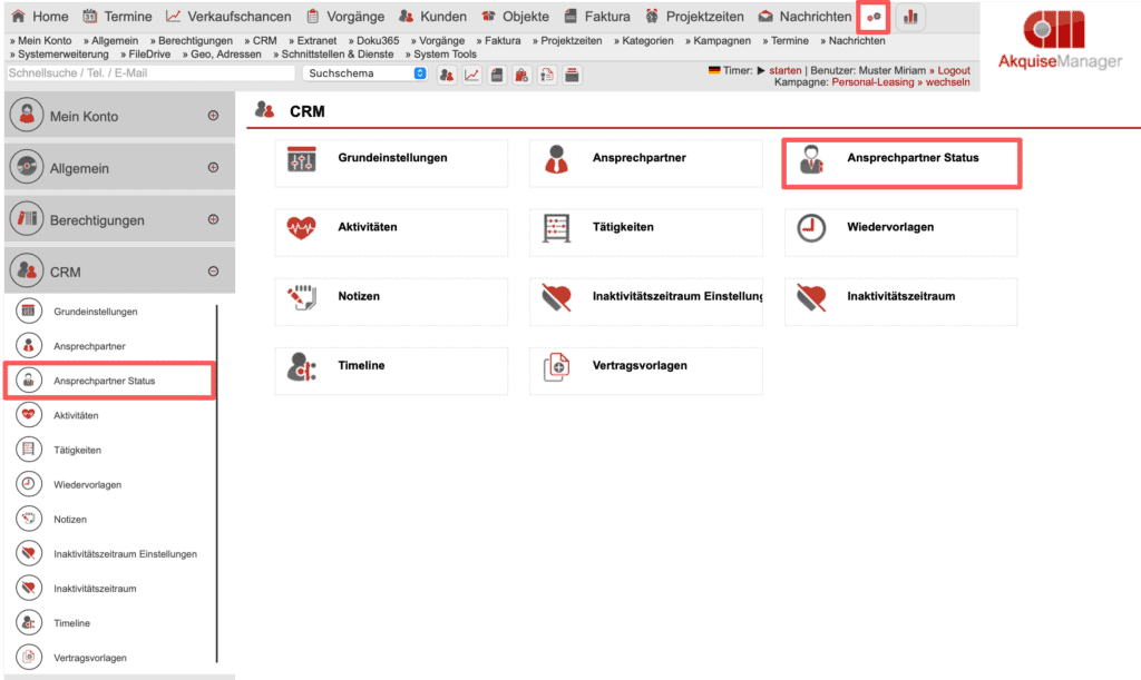 Screenshot Einstellungsbereich „CRM“ mit dem markierten Unterpunkt „Ansprechpartner Status“