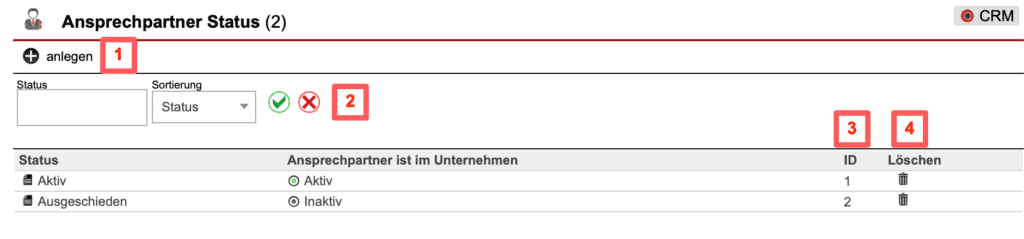 Screenshot Übersicht Einstellungen „Ansprechpartner Status“