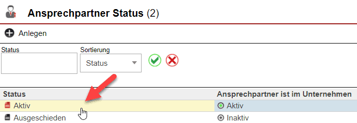 Screenshot Übersichtsmaske der eingetragenen Ansprechpartner-Status mit Markierung