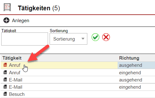 Screenshot Übersichtsmaske der eingetragenen Tätigkeiten mit Markierung