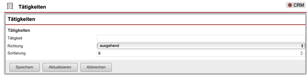 Screenshot Maske zum Anlegen einer neuen Tätigkeit