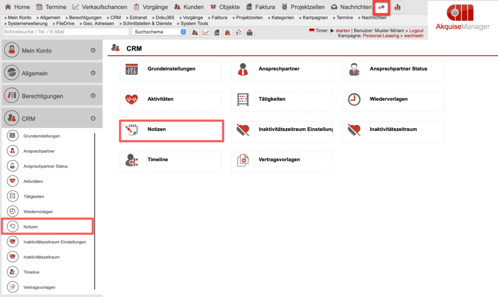 Screenshot Übersicht Einstellungsbereich „CRM“ mit markiertem Punkt „Notizen“