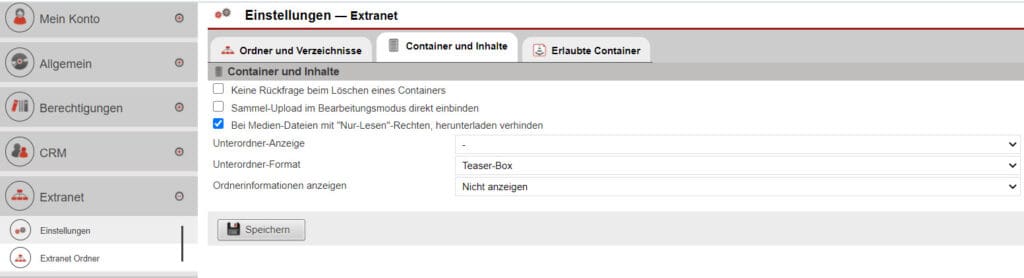 Screenshot Reiter „Container und Inhalte“ aus dem Bereich „Extranet-Einstellungen“