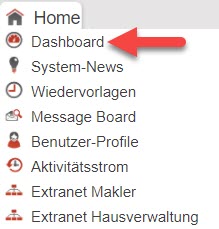 Screenshot Hauptmenüpunkt Home mit dem markierten Unterpunkt „Dashboard“