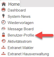 Screenshot Hauptmenüpunkt Home mit dem markierten Unterpunkt „Benutzer-Profile“