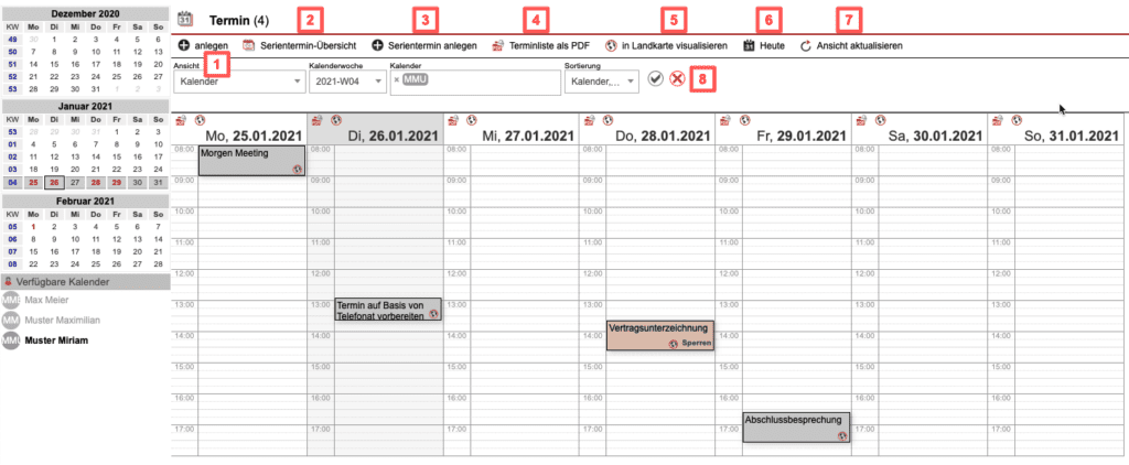 Screenshot des „Termin-/Kalenderbereiches“