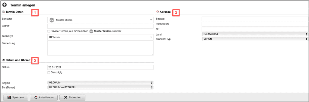 Screenshot des Bereichs „Termin anlegen“