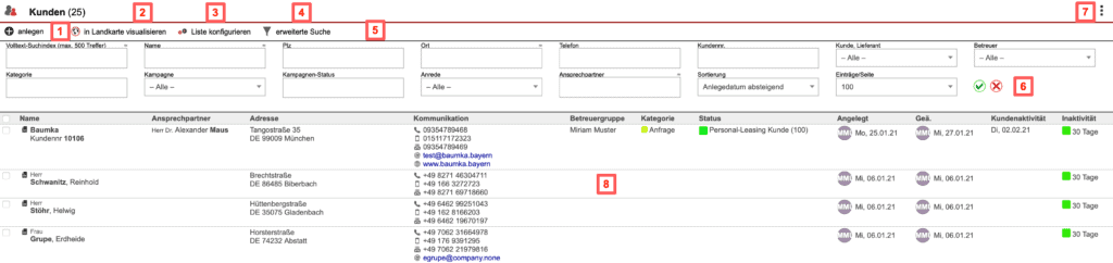 Screenshot mit der Übersicht über die „Kundensuchmaske“