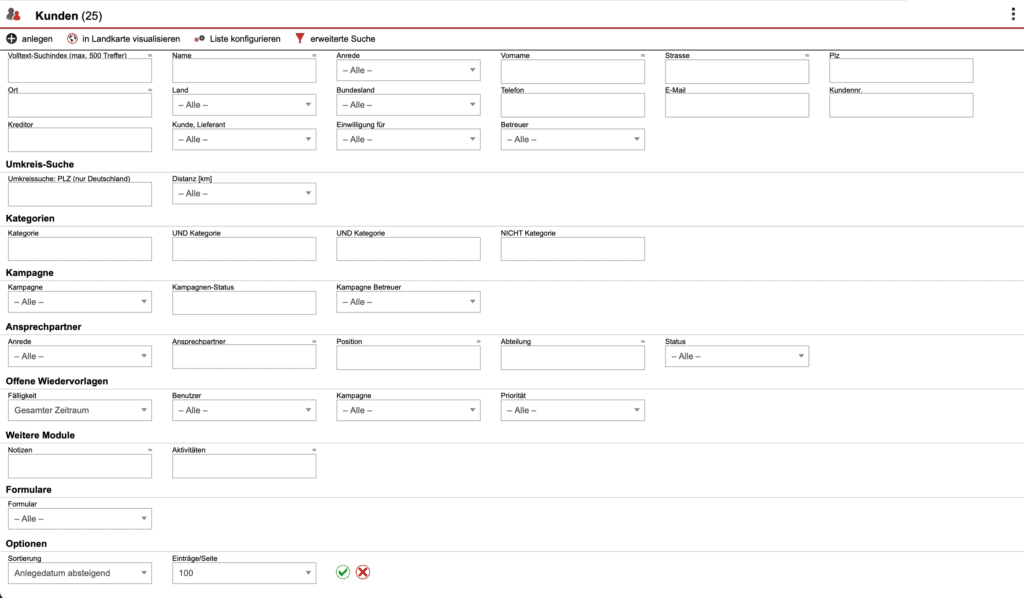 Screenshot erweiterte Filterkriterien für die Suche