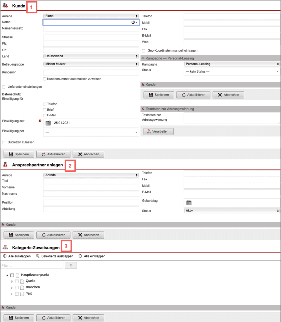 Screenshot des gesamten Bereichs „Kunde anlegen“