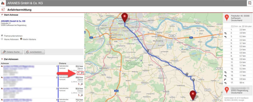 Screenshot Fenster Anfahrtsermittlung mit Routendarstellung und Markierungen