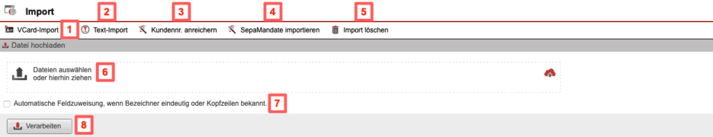 Screenshot Import-Hauptmaske mit verschiedenen Markierungen