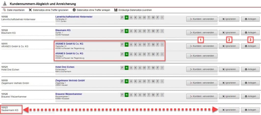 Screenshot der Maske zum Kundennummern-Abgleich sowie der Anreicherung mit Kundennummern