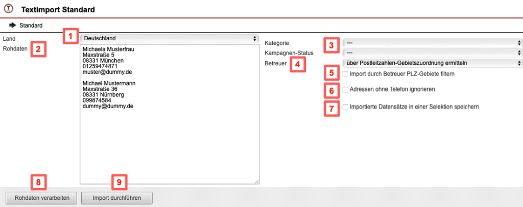 Screenshot „Textimport Standard“