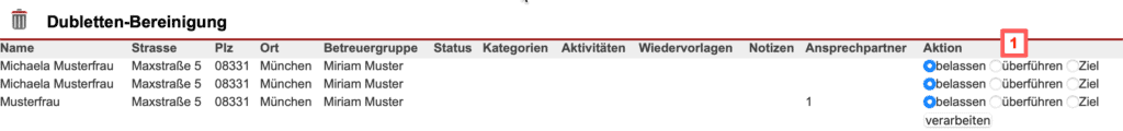 Screenshot mit der Übersicht über alle „Dubletten“ mit angezeigter Massenbearbeitungsfunktion