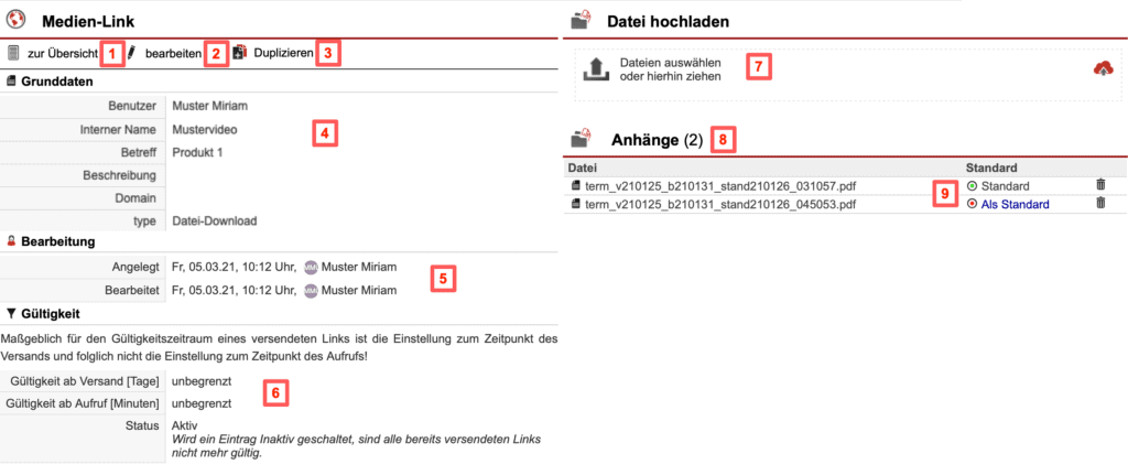Screenshot der Übersicht der Eigenschaften eines Medien-Links