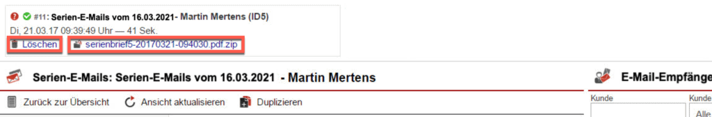 Screenshot Informationsbereich über den Versand der Serien-E-Mail mit der Markierung der Funktion „Löschen“ und der „Zip-Datei“