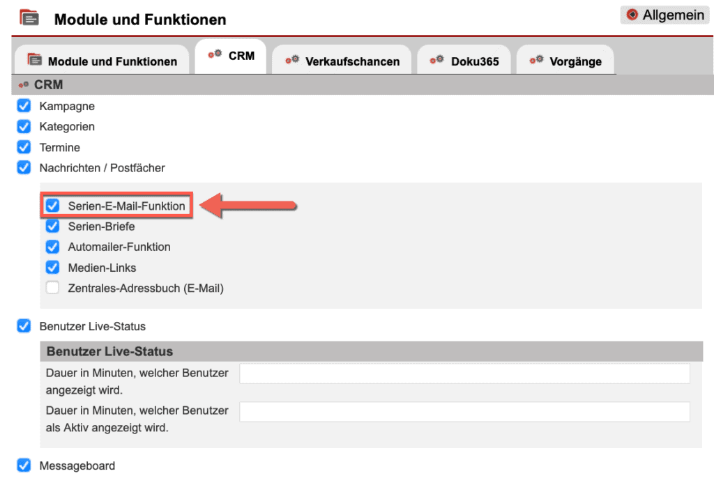 Screenshot Einstellung „Module und Funktionen“ mit dem markierten Punkt „Serien-E-Mail-Funktion“