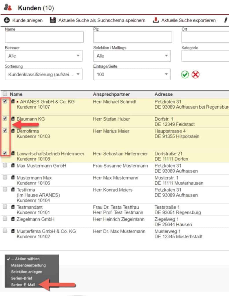 Screenshot Kundensuchliste mit der Auswahl von Kundendatensätzen.