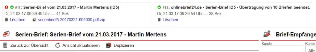 Screenshot der Anzeigen über den Bearbeitungsstatus eines Versandauftrags