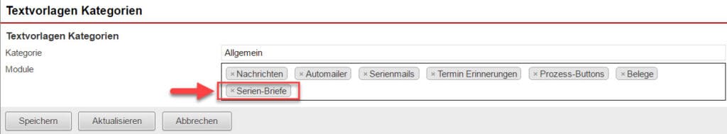 Screenshot zur Bearbeitung von Textvorlagen-Kategorien mit markiertem Eintrag "Serien-Briefe"