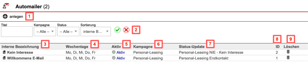 Screenshot Übersichtsmaske „Automailer“
