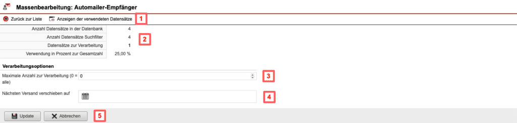 Screenshot Bereich Massenbearbeitung: Automailer-Empfänger