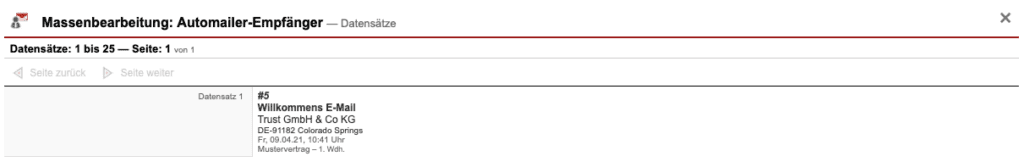 Screenshot Bereich Massenbearbeitung: Anzeige der Datensätze