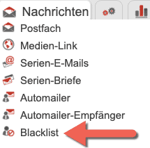 Screenshot Hauptmenüpunkt „Nachrichten“ mit der markierten Funktion „Blacklist“