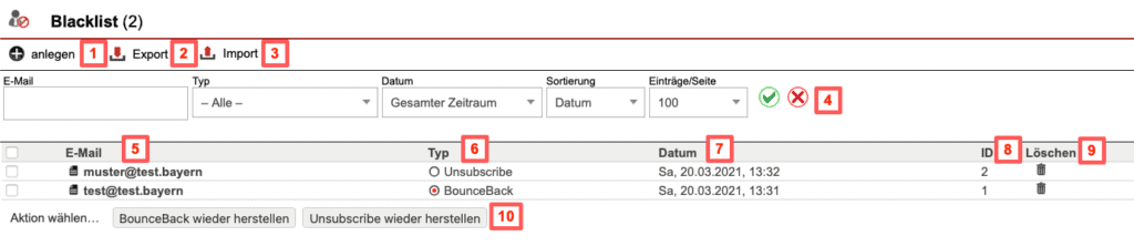 Screenshot Blacklist Übersicht