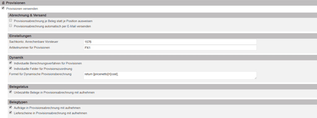 Screenshot Grundeinstellungen des Provisionsmoduls
