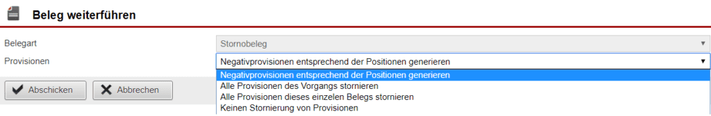 Screenshot Maske zur Weiterführung eines Belegs in einen Stornobeleg