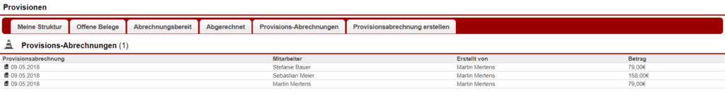 Screenshot des Bereichs "Provisionsabrechnungen" innerhalb des Faktura-Menü-Punkts "Provisionen"