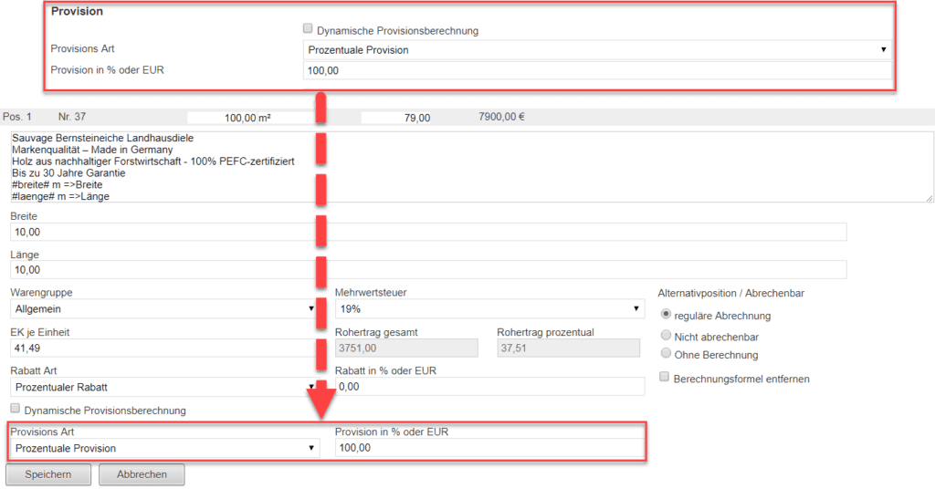 Screenshots Bereiche zum Festlegen von Provisionen bei Artikeln/Dienstleistungen