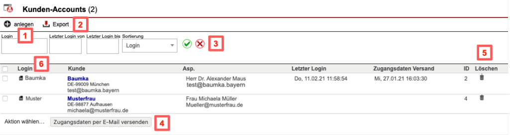 Screenshot mit der Übersicht über die vorhandenen Kunden-Accounts