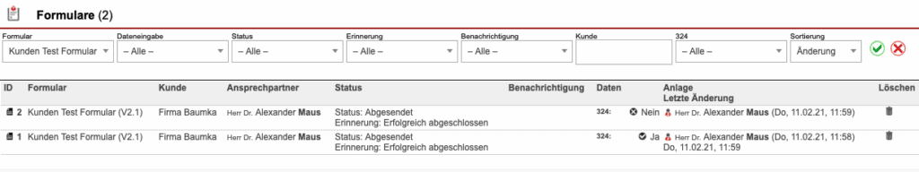 Screenshot mit der Übersicht über Formularantworten.