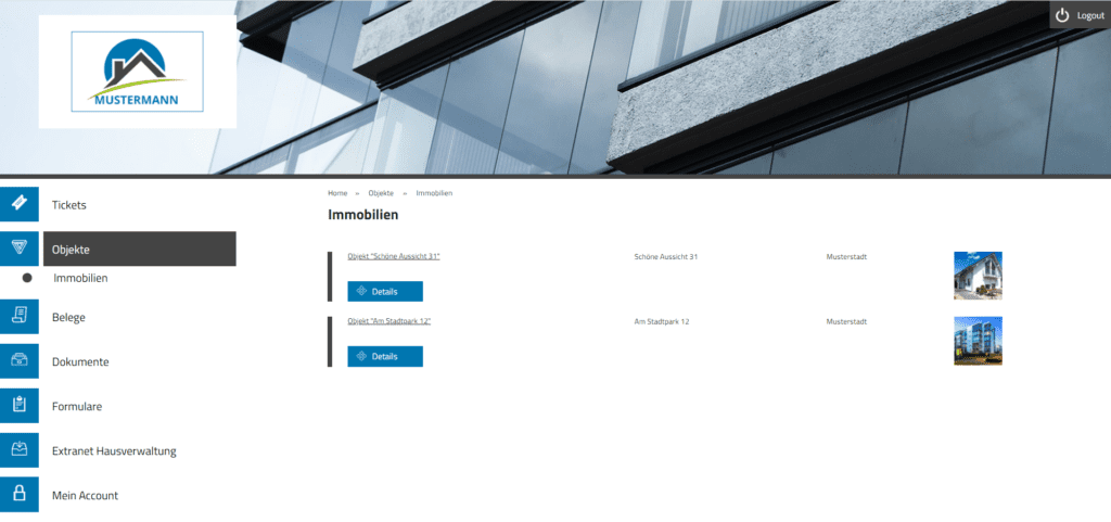 Screenshot Kunden-Account-Ansicht des ameax Dokumentenportals