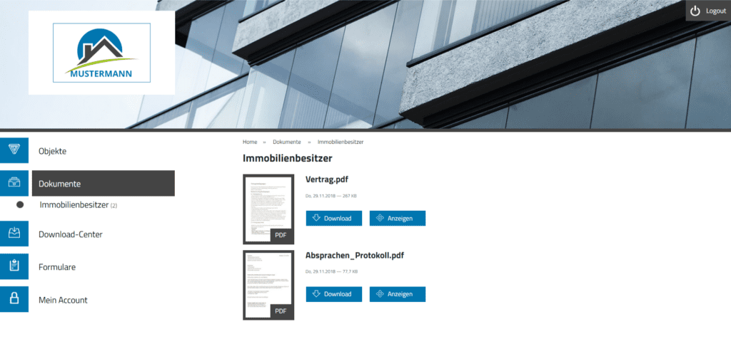 Screenshot Kunden-Account-Ansicht des ameax Dokumentenportals
