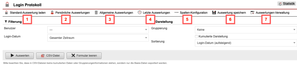 Screenshot mit der Übersicht über die Konfiguration der „Login Protokoll-Statistik“