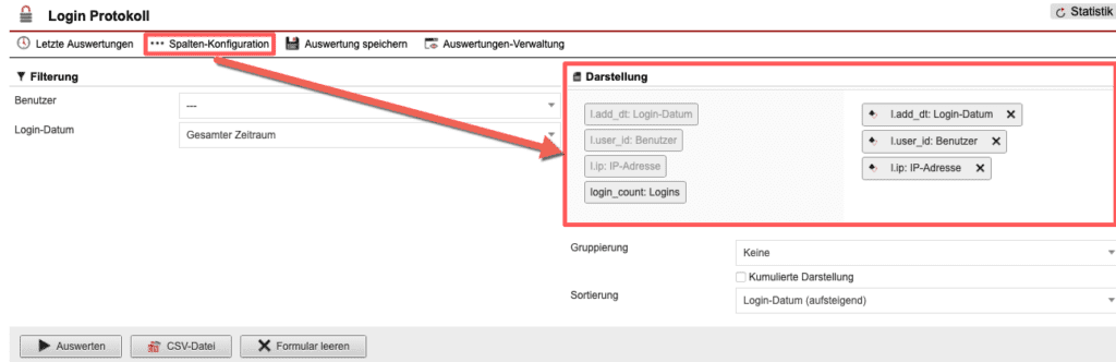 Screenshot der geöffneten Spaltenkonfiguration