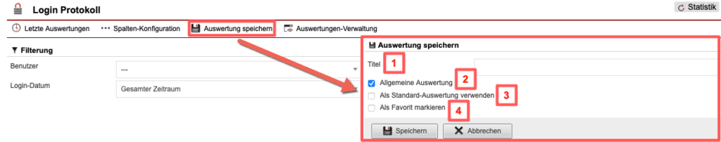 Screenshot geöffnetes Menü zum Speichern der konfigurierten Auswertung